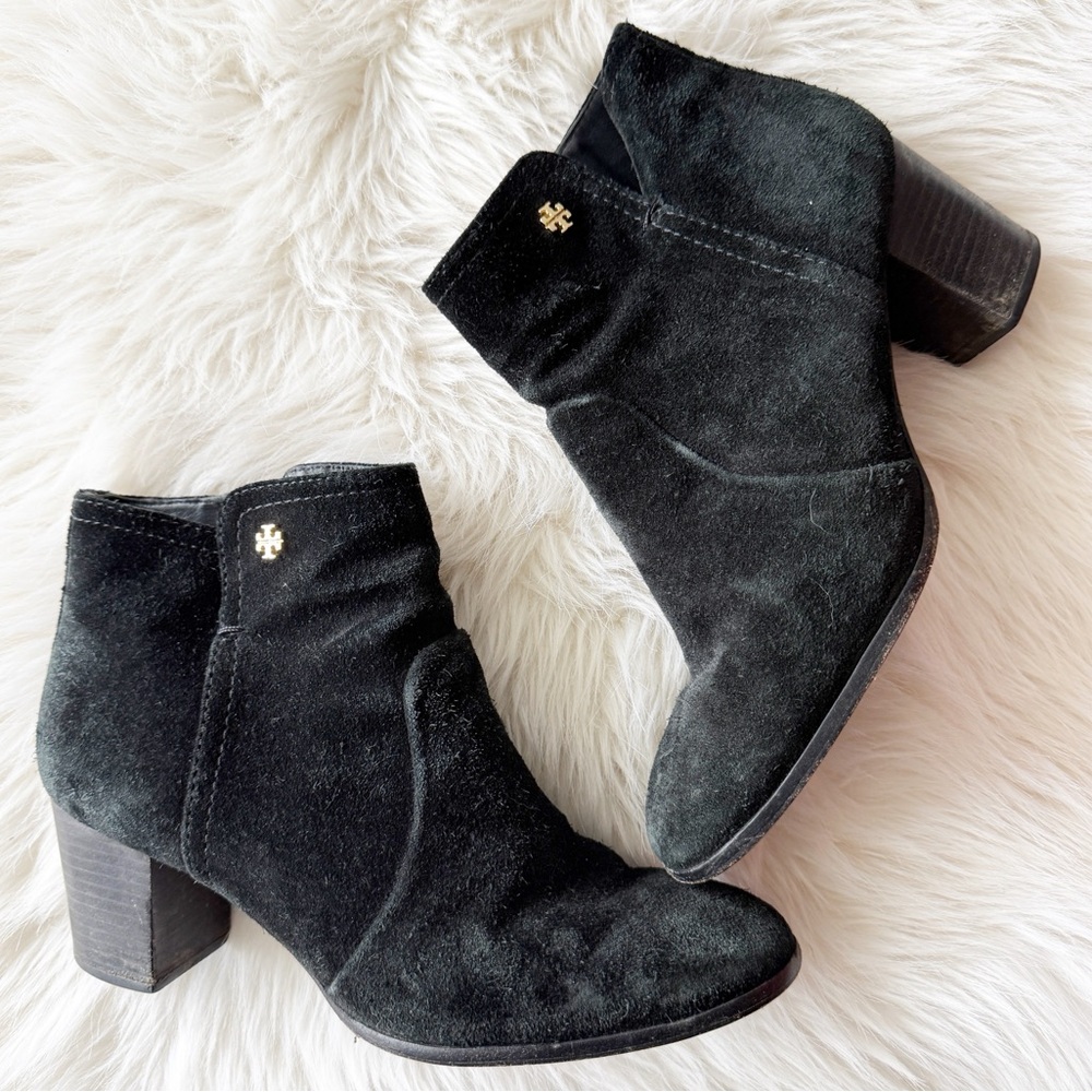 TORY BURCH black suede leather Barrick heeled ankle booties SIZE 8